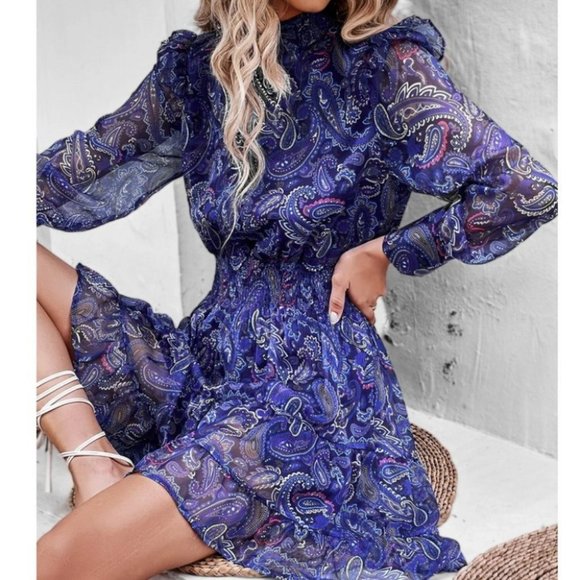 Boho blue Paisley Ruffle Trim Shirred Dress - Picture 6 of 6